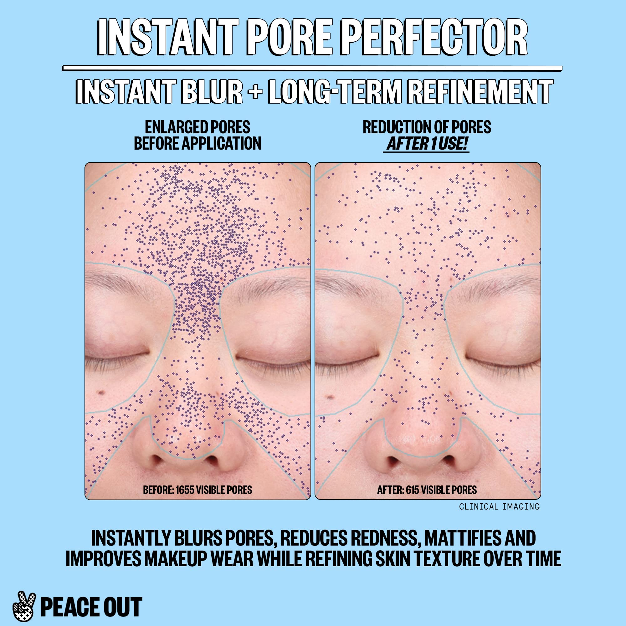 PEACE OUT Instant Pore Perfector green tint visible on skin to color-correct redness.