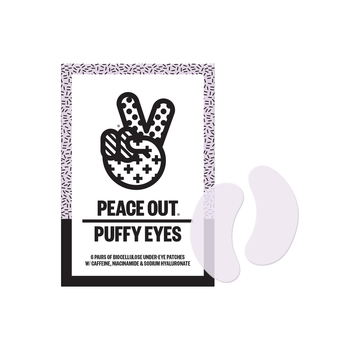 Peace Out Puffy Eyes box displays six pairs for convenient daily under-eye care.