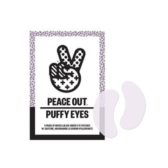 Peace Out Puffy Eyes box displays six pairs for convenient daily under-eye care.