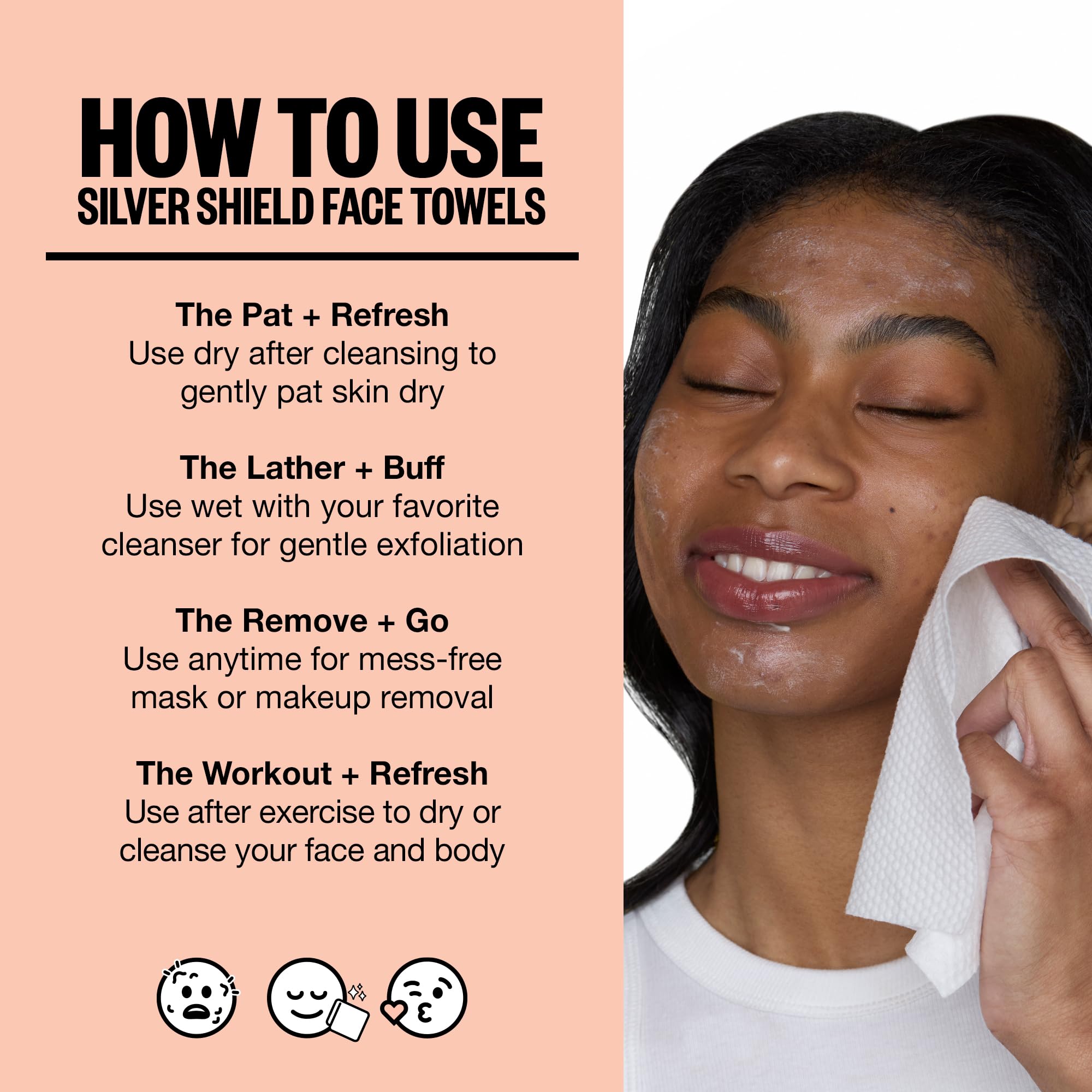 PEACE OUT Silver Shield Face Towels vegan and biodegradable benefits highlighted.