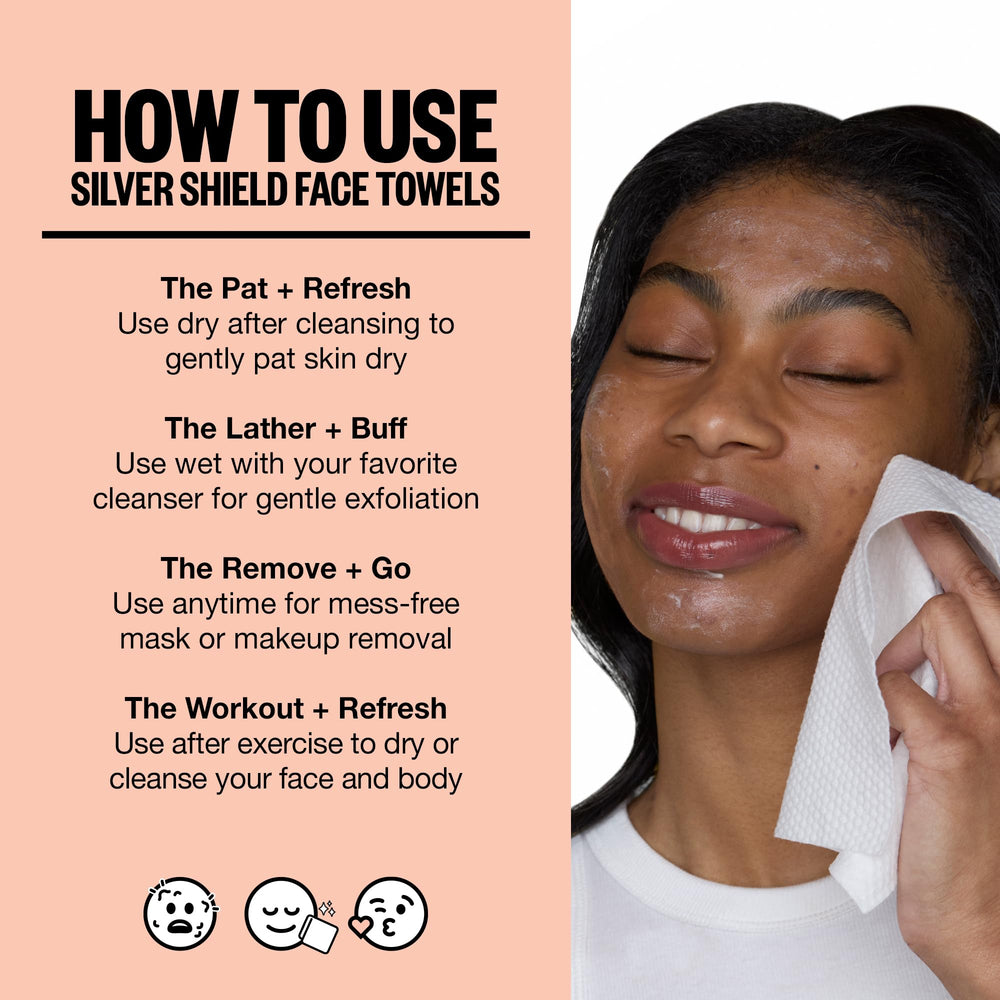 PEACE OUT Silver Shield Face Towels vegan and biodegradable benefits highlighted.