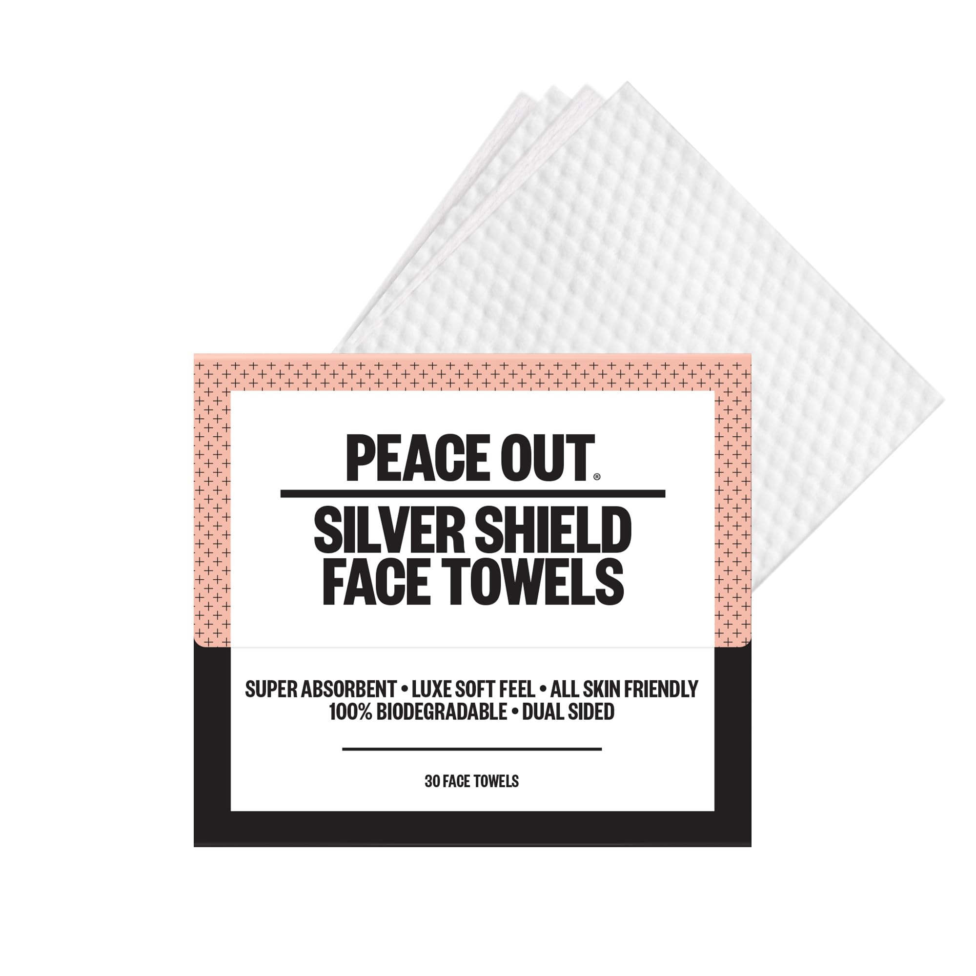 PEACE OUT Silver Shield Face Towels daily-use display emphasizes a clean skincare refresh.
