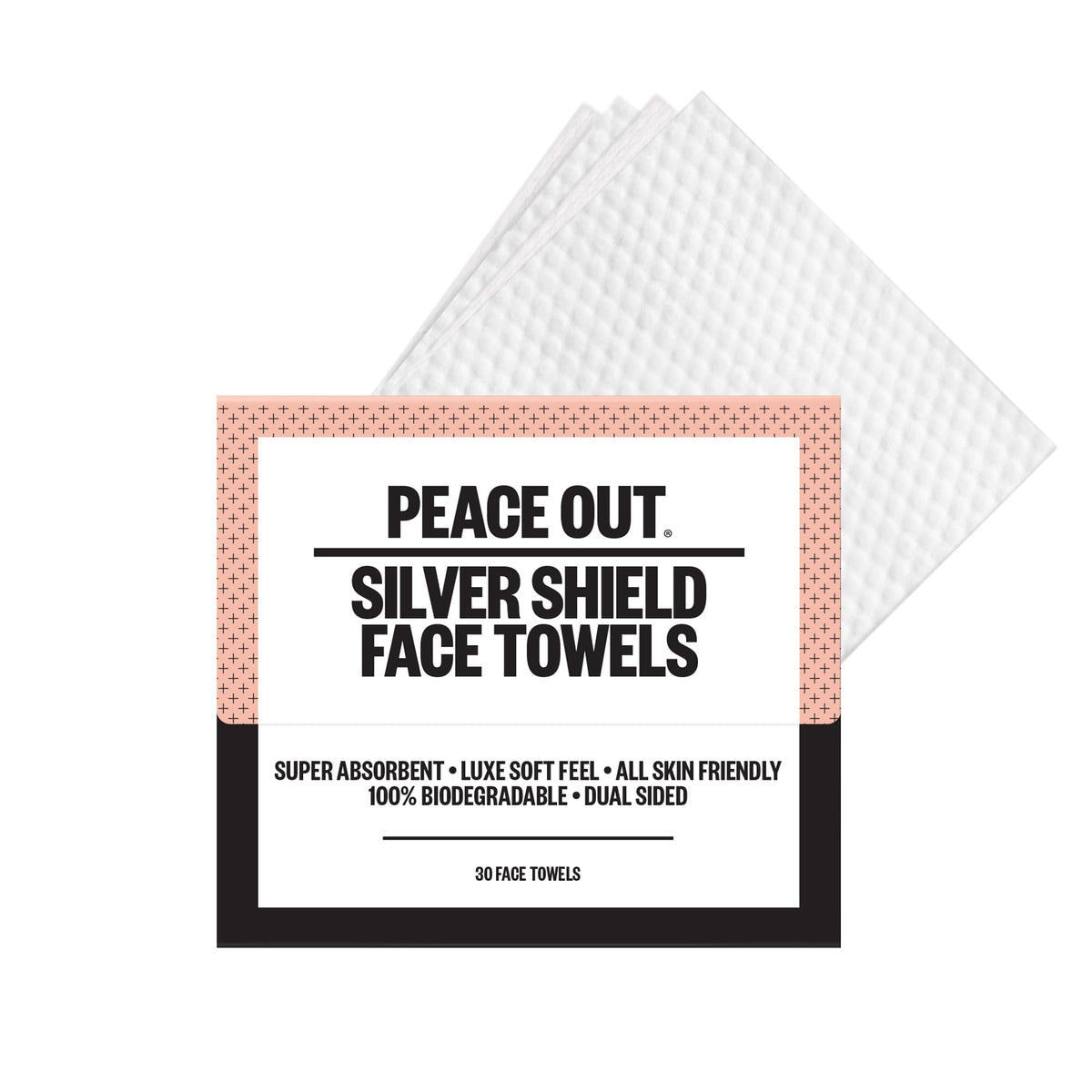 PEACE OUT Silver Shield Face Towels daily-use display emphasizes a clean skincare refresh.