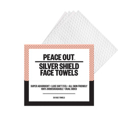 PEACE OUT Silver Shield Face Towels daily-use display emphasizes a clean skincare refresh.