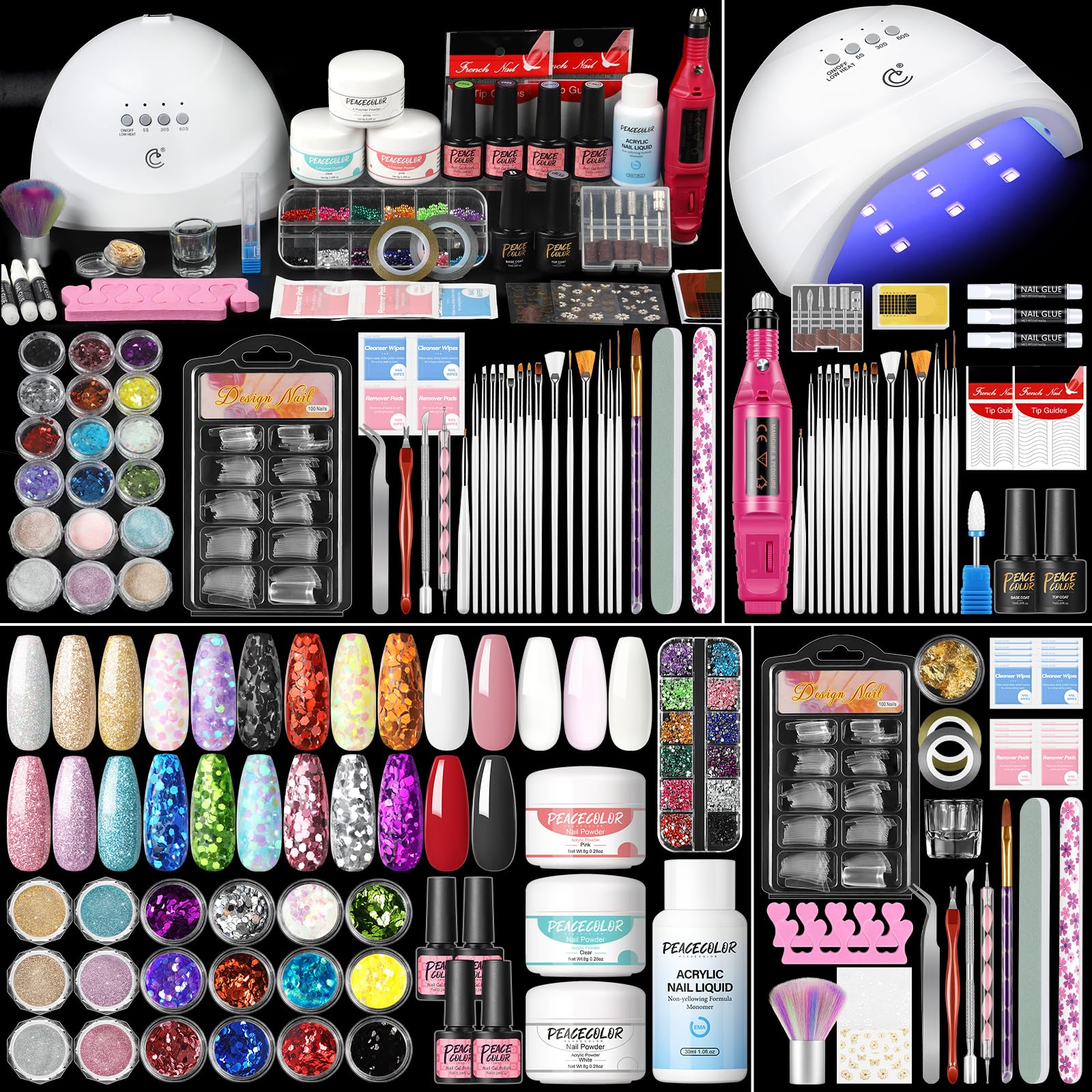 Peacecolor acrylic nail kit for beginners shows all-in-one starter set for home salon use.