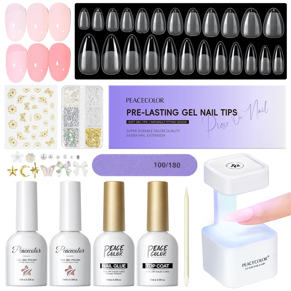 PEACECOLOR gel nail kit almond tips ready for natural to elegant extensions