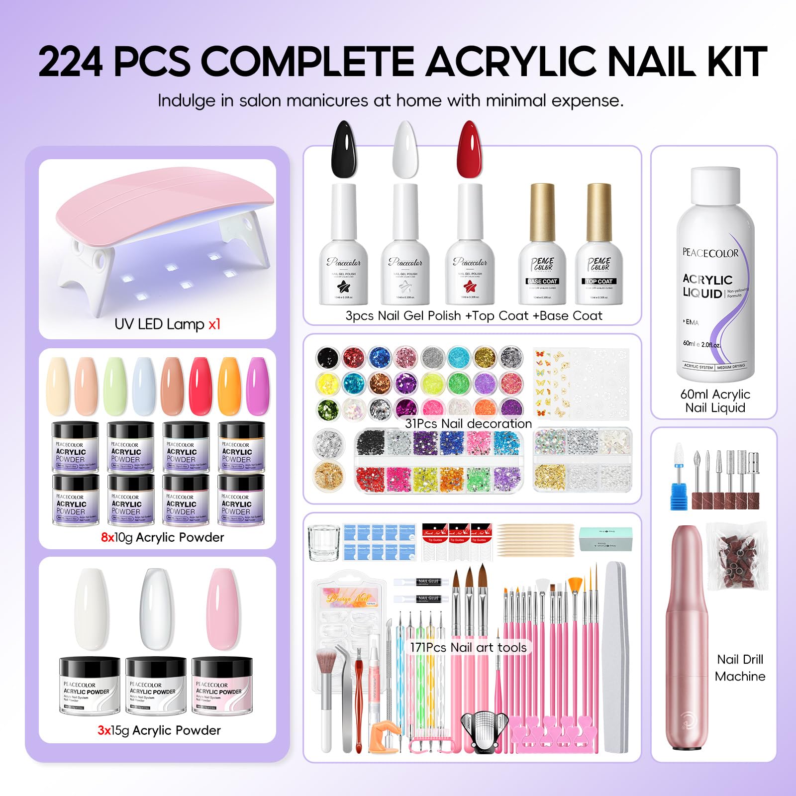PEACECOLOR nail drill with seven bits for shaping and prep.