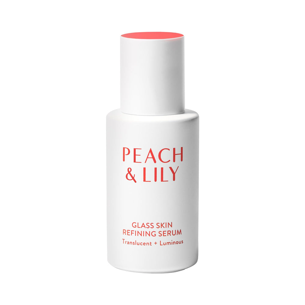 Peach & Lily glass-skin serum bottle shows hydrated, radiant skin.