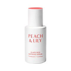 Peach & Lily glass-skin serum bottle shows hydrated, radiant skin.