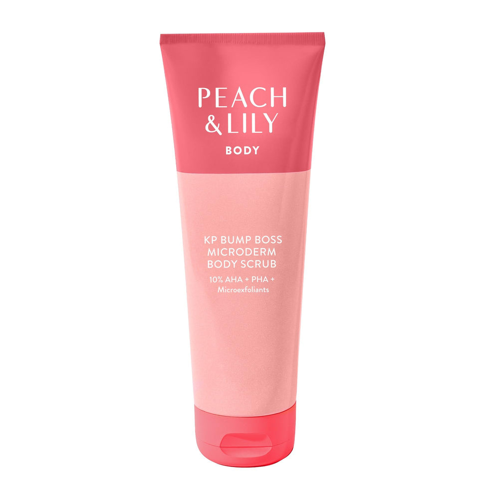 Peach & Lily KP Bump Boss bottle highlighting exfoliation for smoother skin.