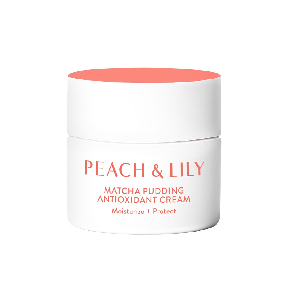 Peach & Lily Matcha Pudding jar closeup, antioxidant cream for deep hydration
