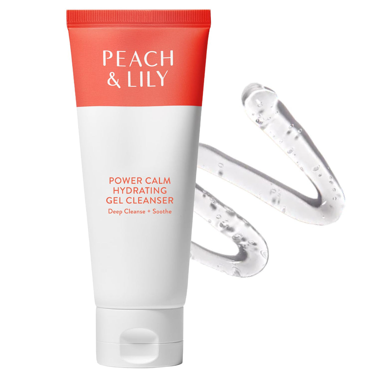Peach & Lily Power Calm Gel Cleanser bottle closeup for gentle cleansing and calm skin.