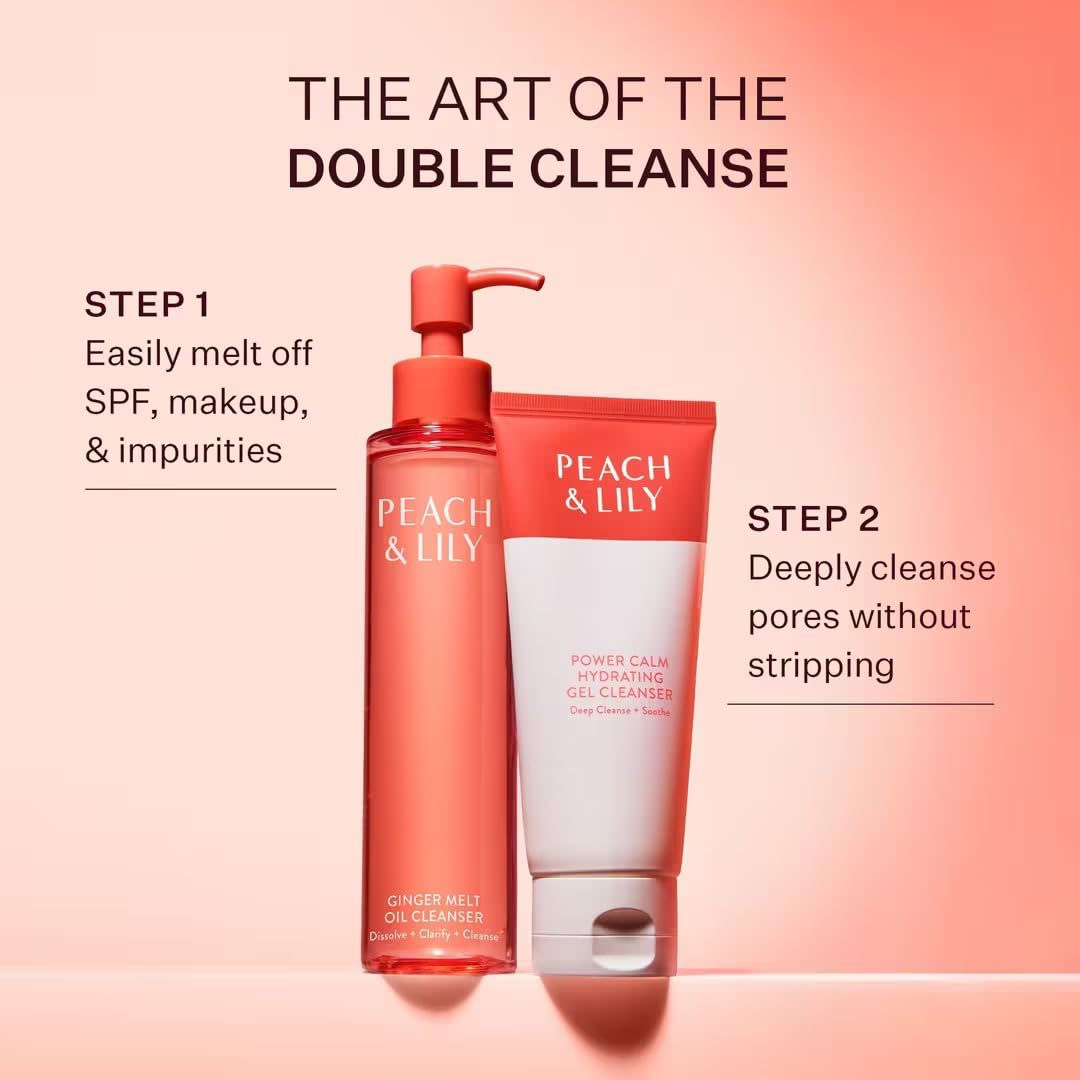 Peach & Lily Power Calm cleanser on bathroom counter with skincare routine products.