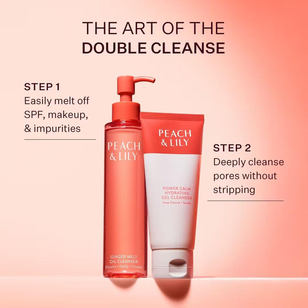 Peach & Lily Power Calm cleanser on bathroom counter with skincare routine products.