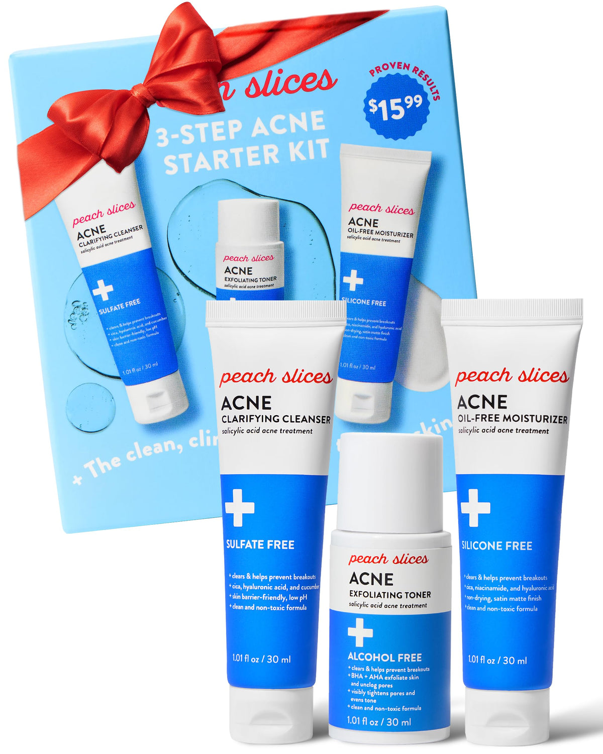 Peach Slices 3-step acne starter kit packaging for easy routine setup