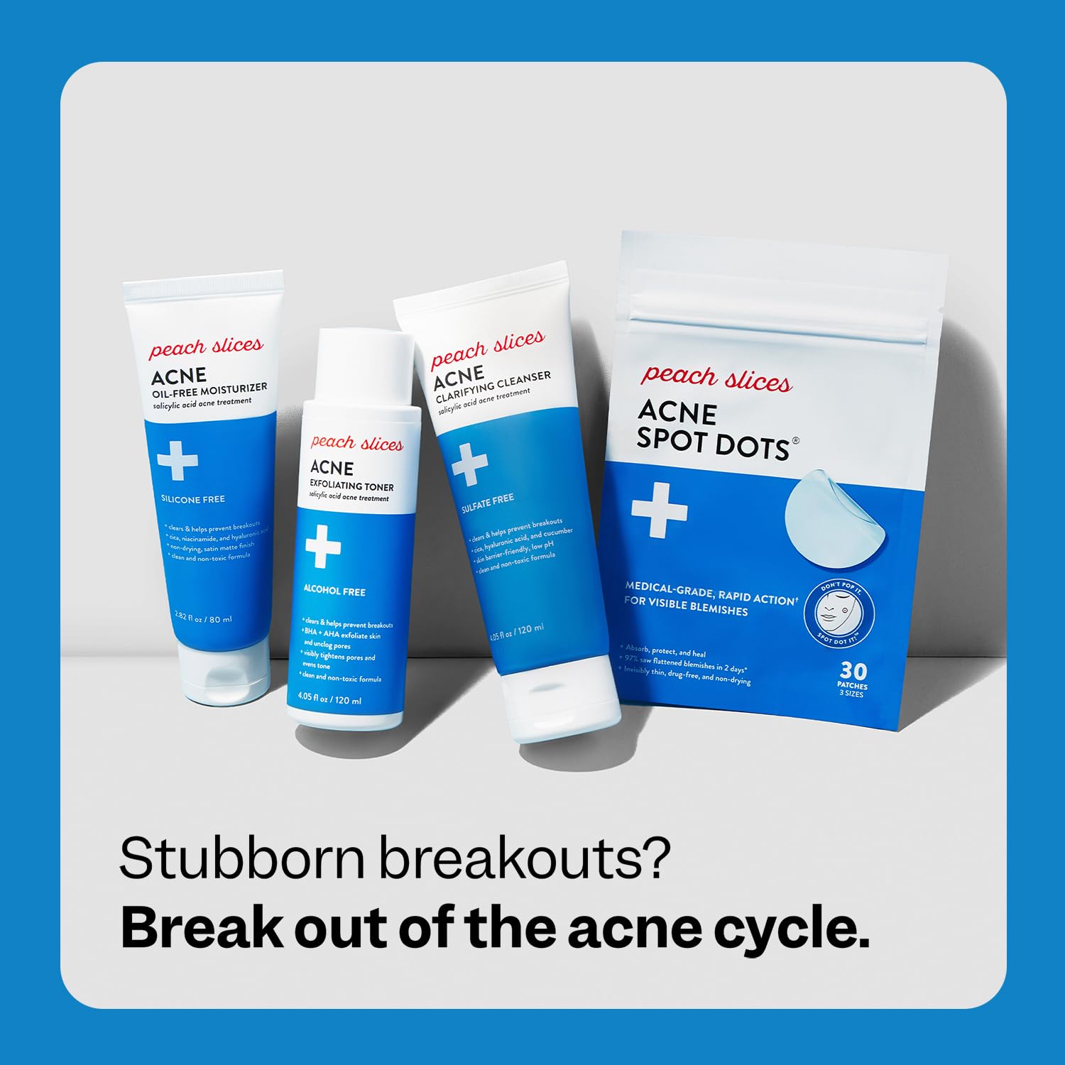 Peach Slices three-step acne system visual emphasizes holistic skincare approach.