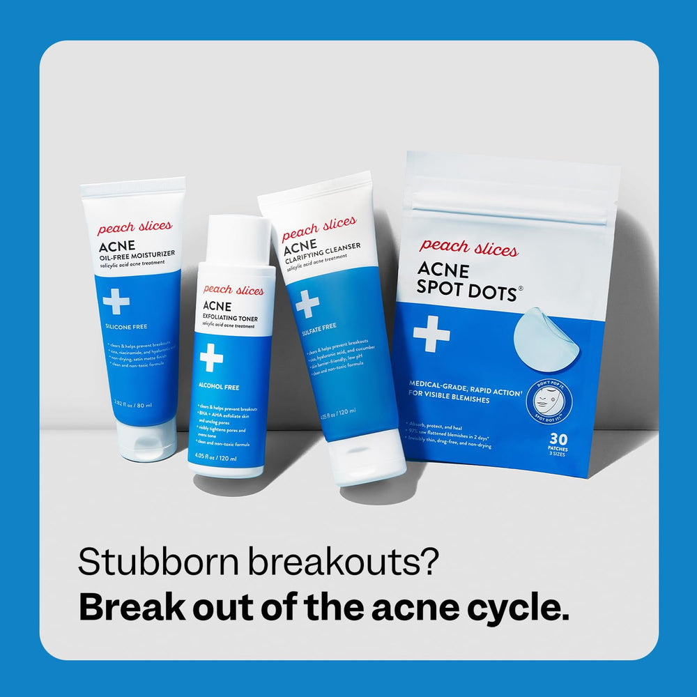 Peach Slices three-step acne system visual emphasizes holistic skincare approach.