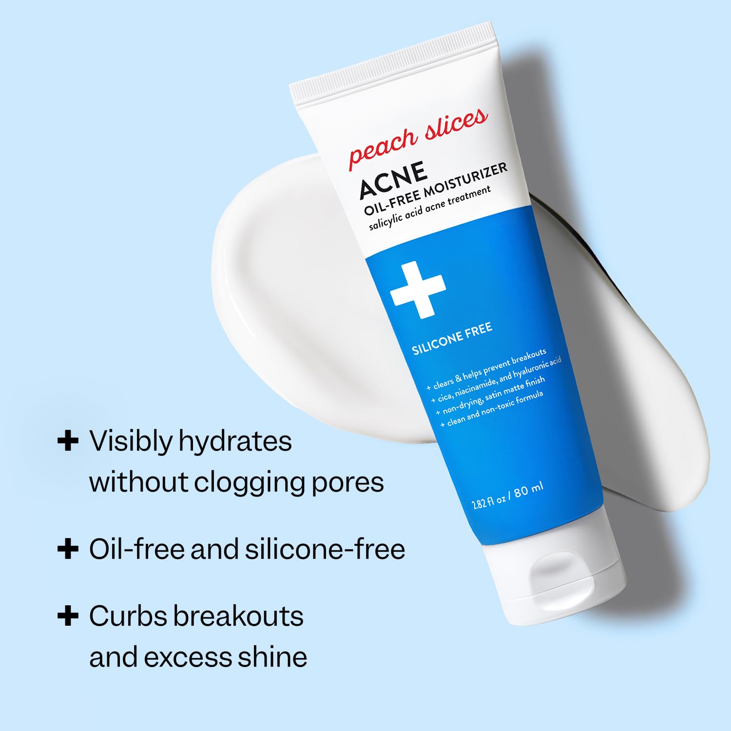 Peach Slices Acne Oil-Free Moisturizer texture swirl highlights lightweight, fast-absorbing finish.