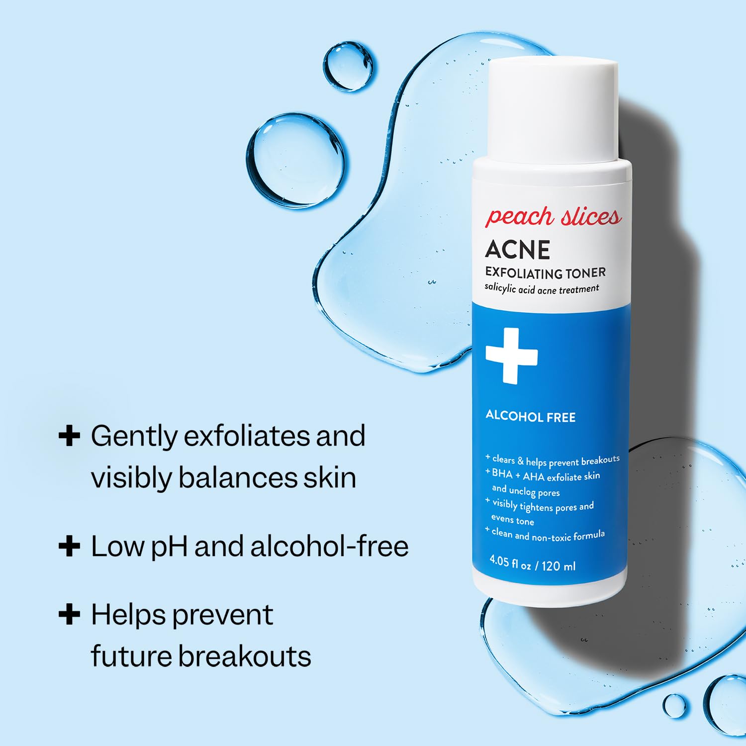 Peach Slices acne toner bottle pour demonstrates quick application for acne-prone skin.
