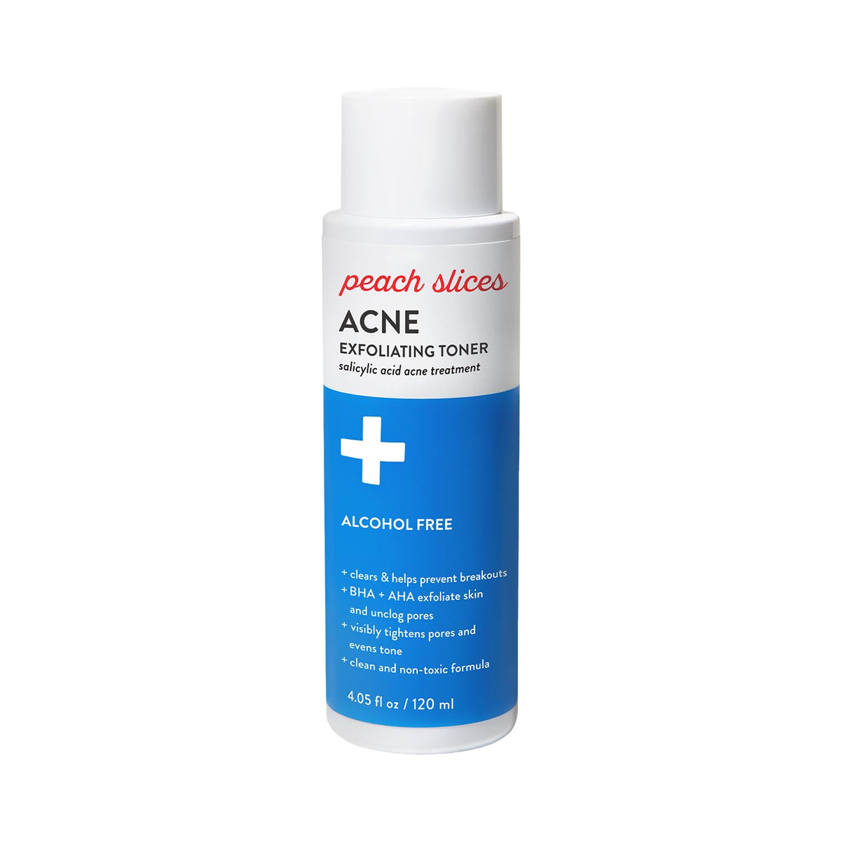Peach Slices acne toner bottle promotes gentle exfoliation for clearer, balanced skin.