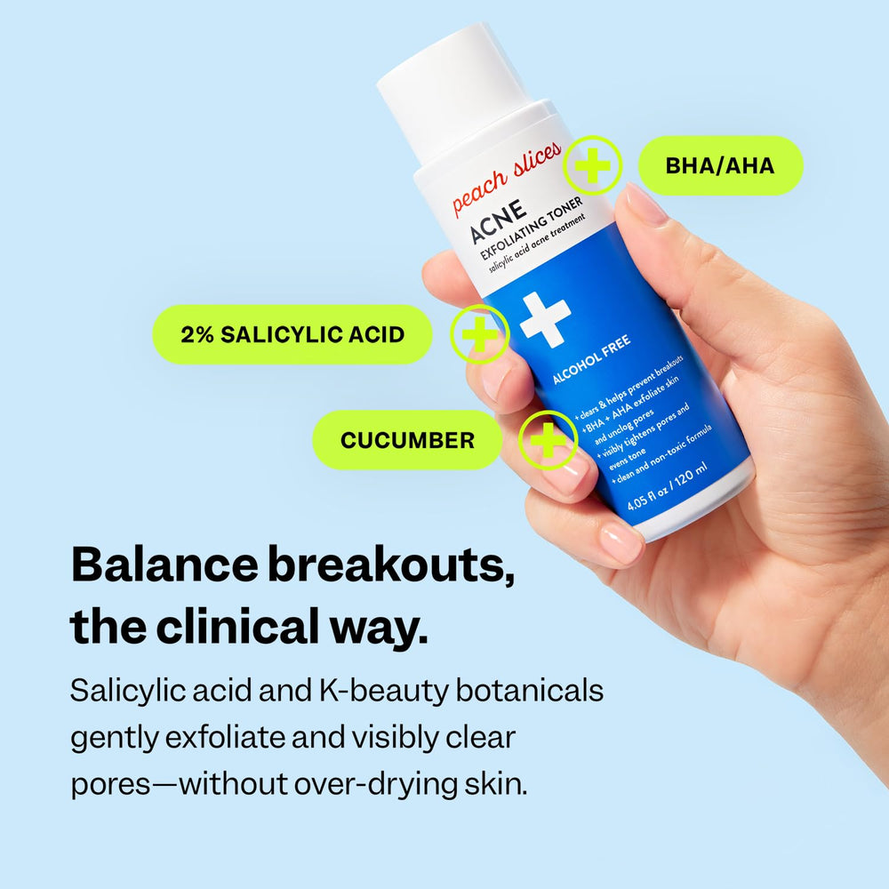 Peach Slices acne toner hand-application shows daily soothing treatment for clearer skin.