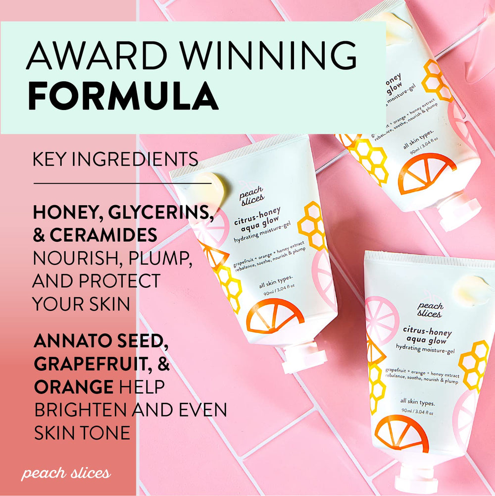Peach Slices glycerin moisture closeup hints at lasting hydration without heaviness.