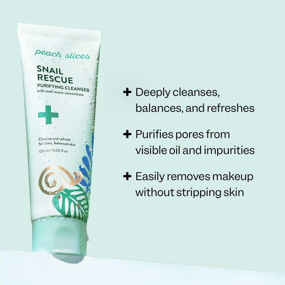 Peach Slices Snail Rescue Purifying Cleanser bottle side, vegan formula for daily use.