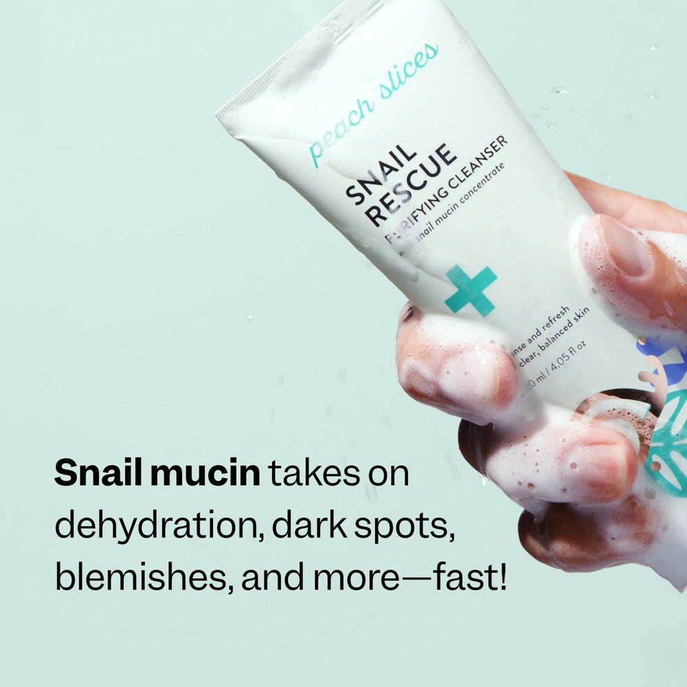 Peach Slices Snail Rescue Purifying Cleanser snail mucin close-up—hydrating, plumping feel.