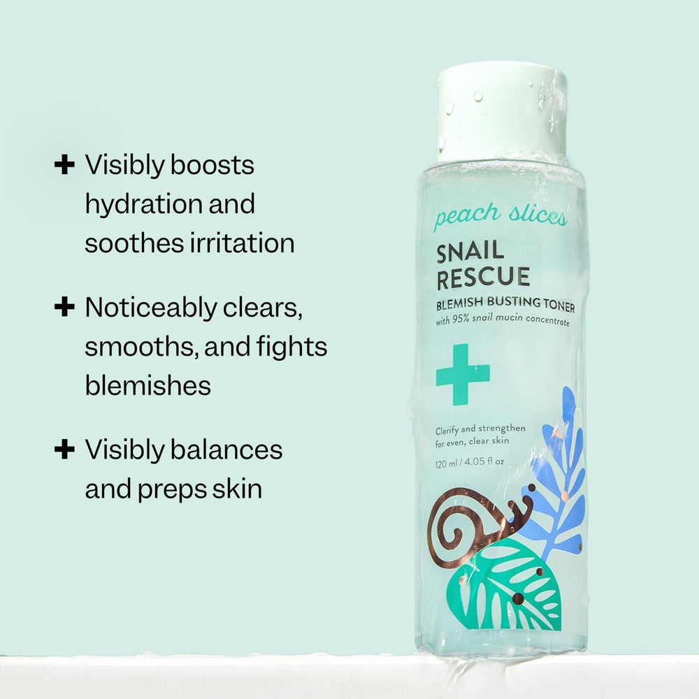 Peach Slices Snail Rescue Toner label detail showing vegan cruelty-free branding