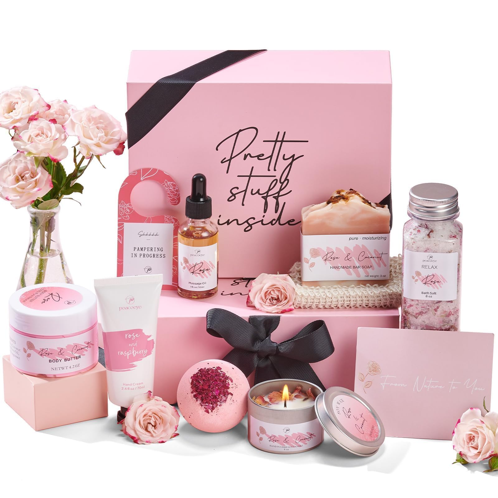 Peacoeye rose-petal-scented soy candle enhances relaxation and mood during a calming bath.