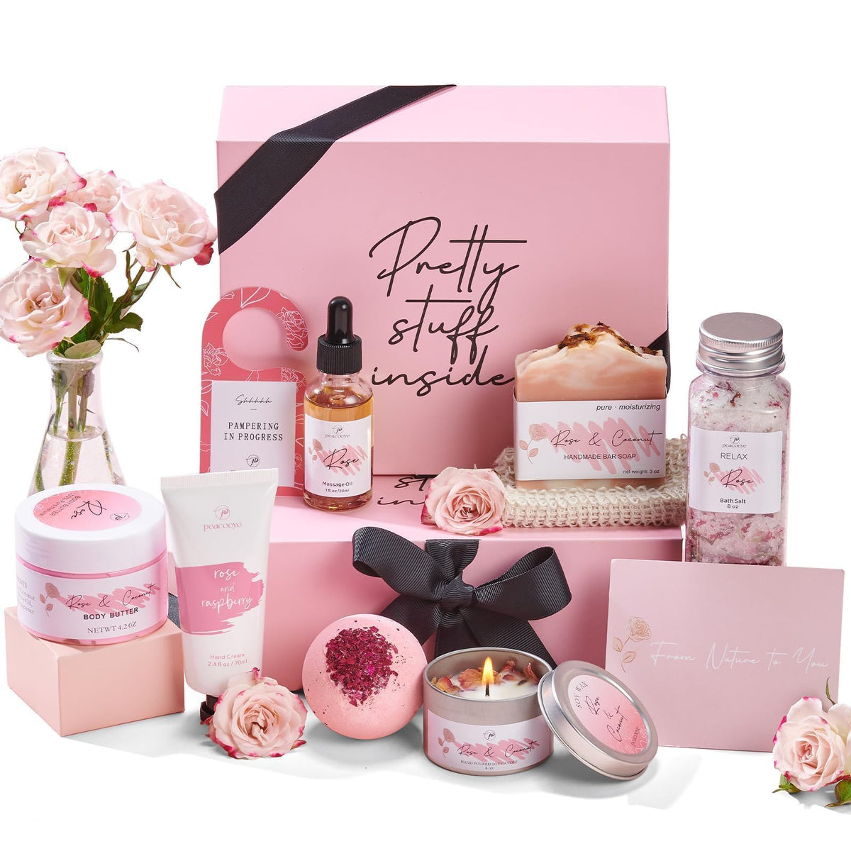 Peacoeye rose-petal-scented soy candle enhances relaxation and mood during a calming bath.