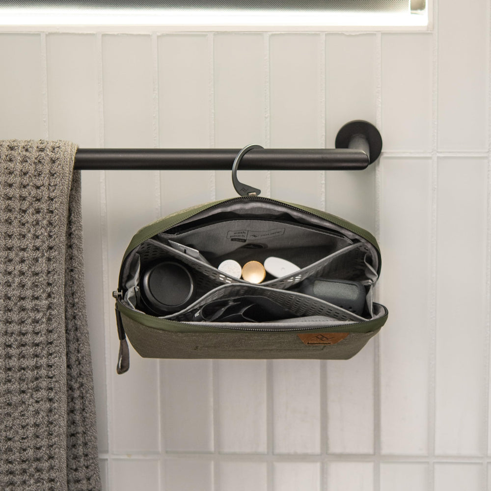 Peak Design Small Wash Pouch Sage hanging setup shows convenient counter or hook use