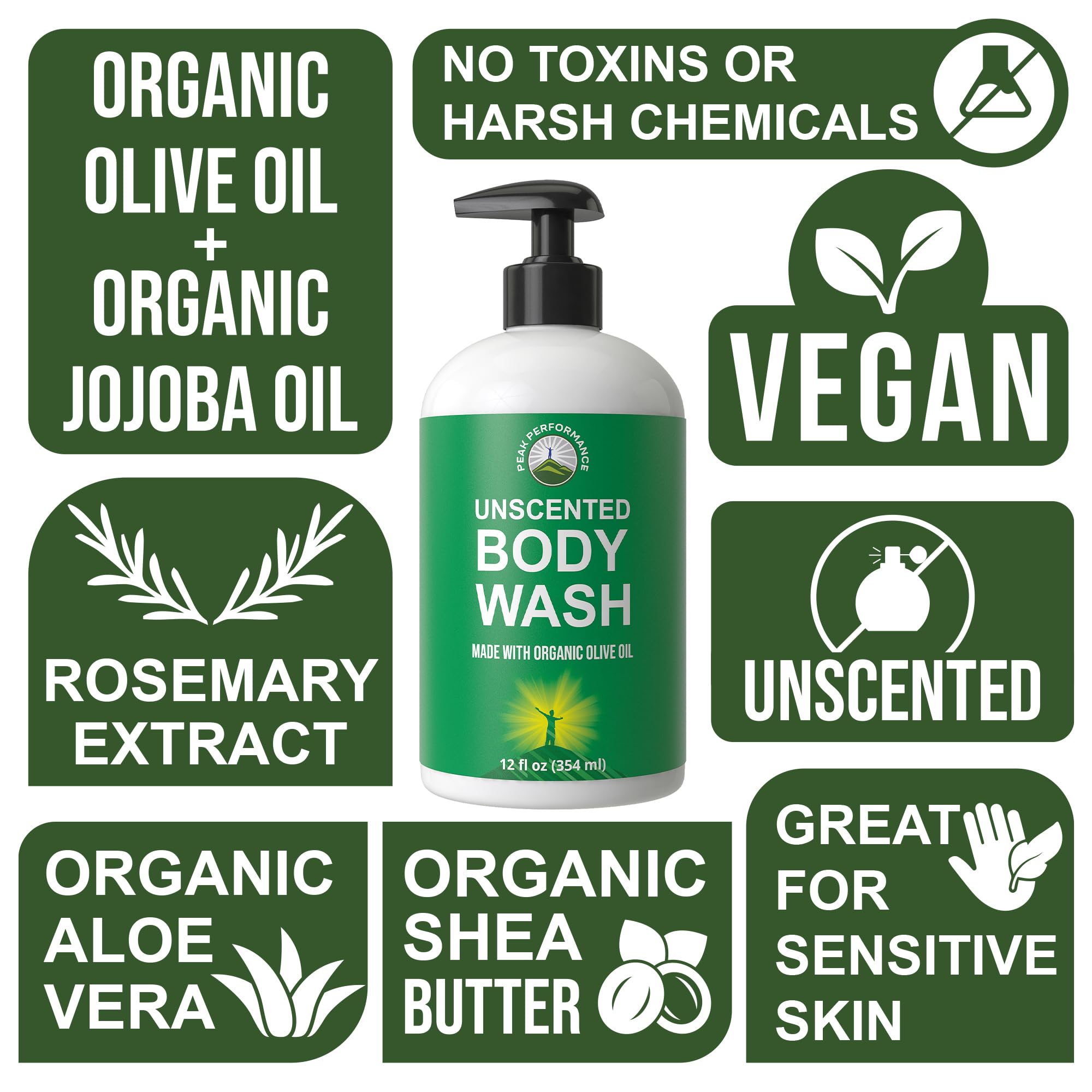 Peak Performance organic saponified oils (coconut, olive, shea)—nourishing vegan formula.