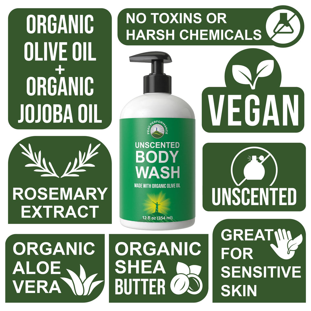 Peak Performance organic saponified oils (coconut, olive, shea)—nourishing vegan formula.
