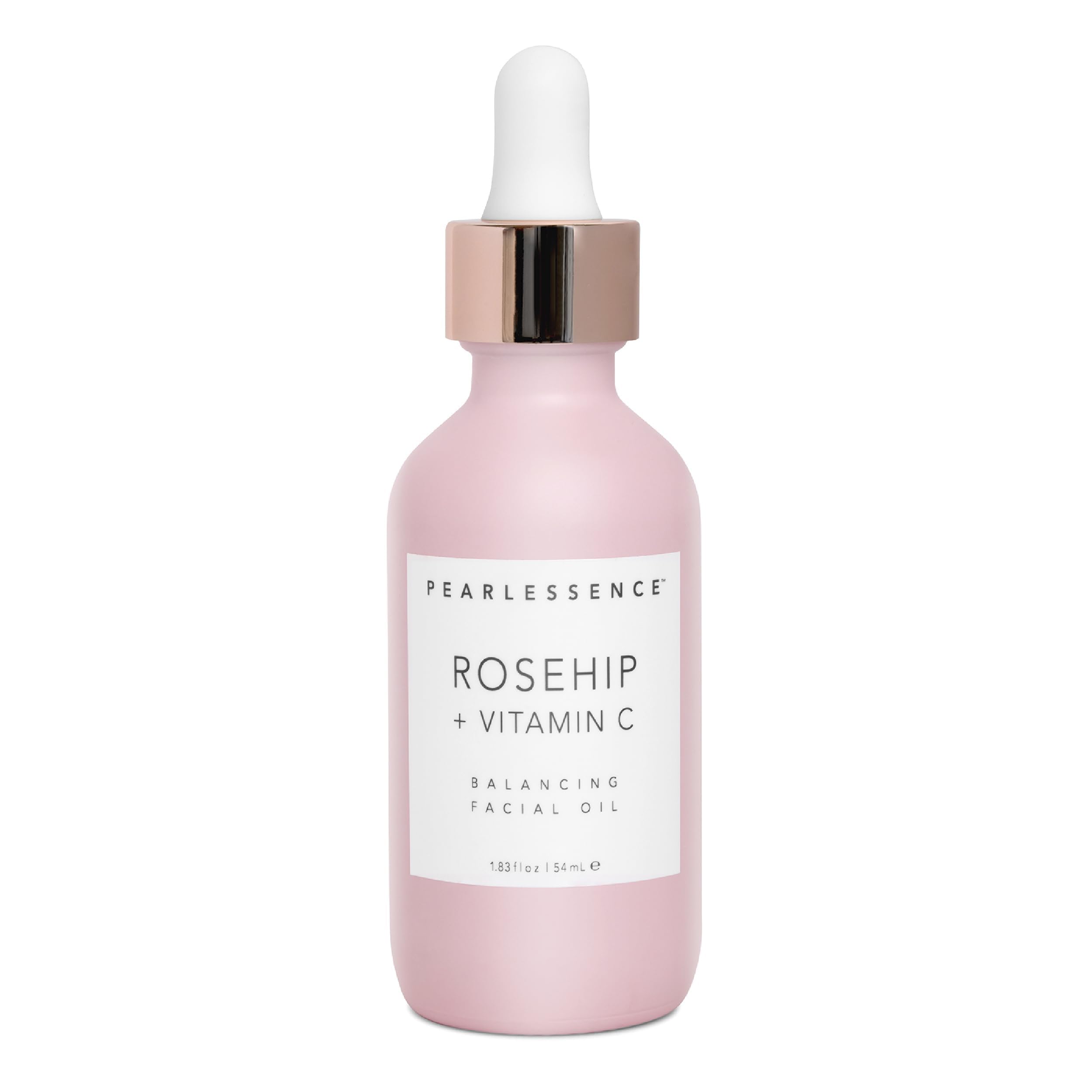 Pearlessence Rosehip Balancing Oil bottle highlights hydrating serum for radiant skin.