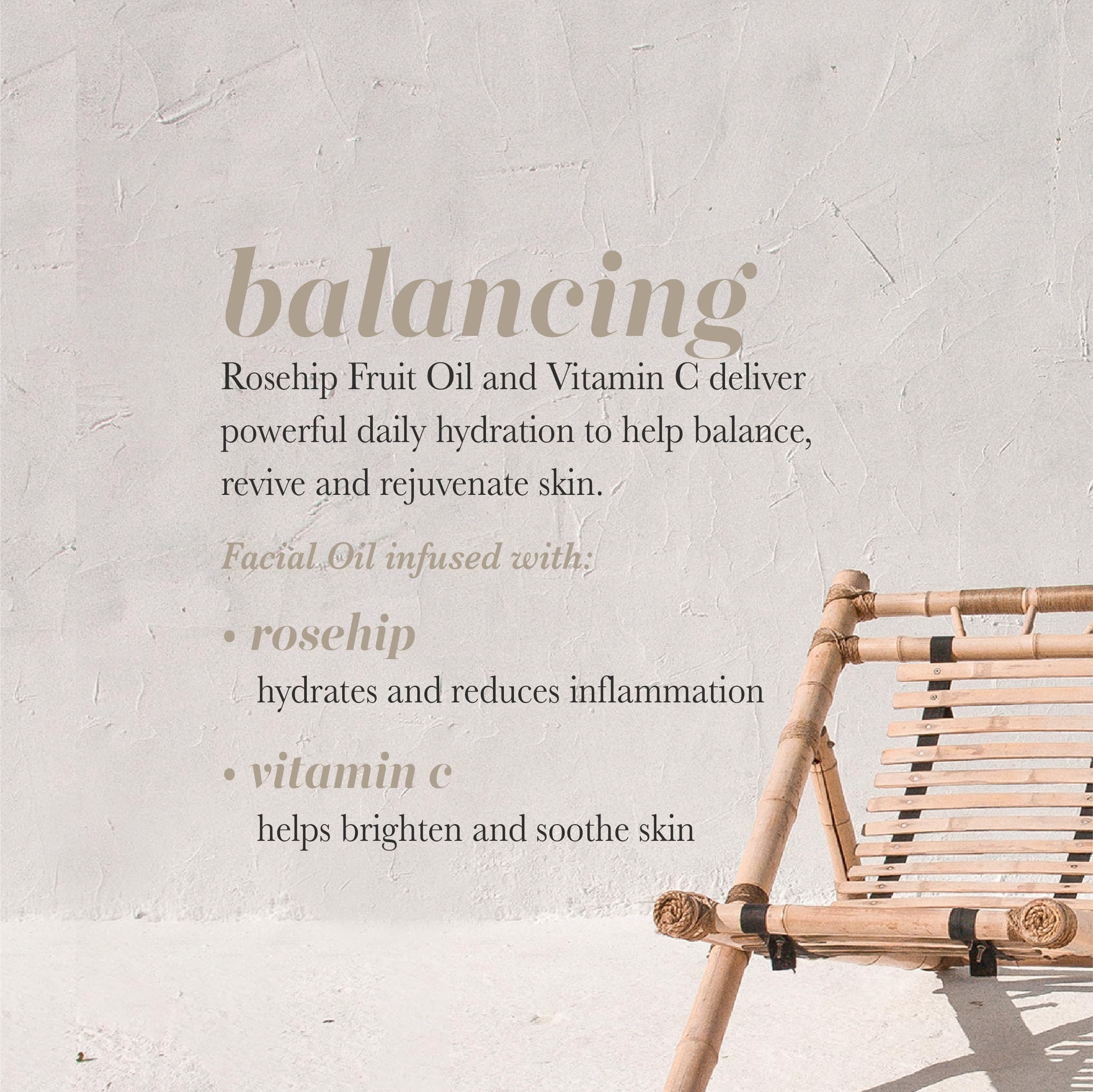 Pearlessence Rosehip Balancing Oil dropper emphasizes easy daily moisturization.