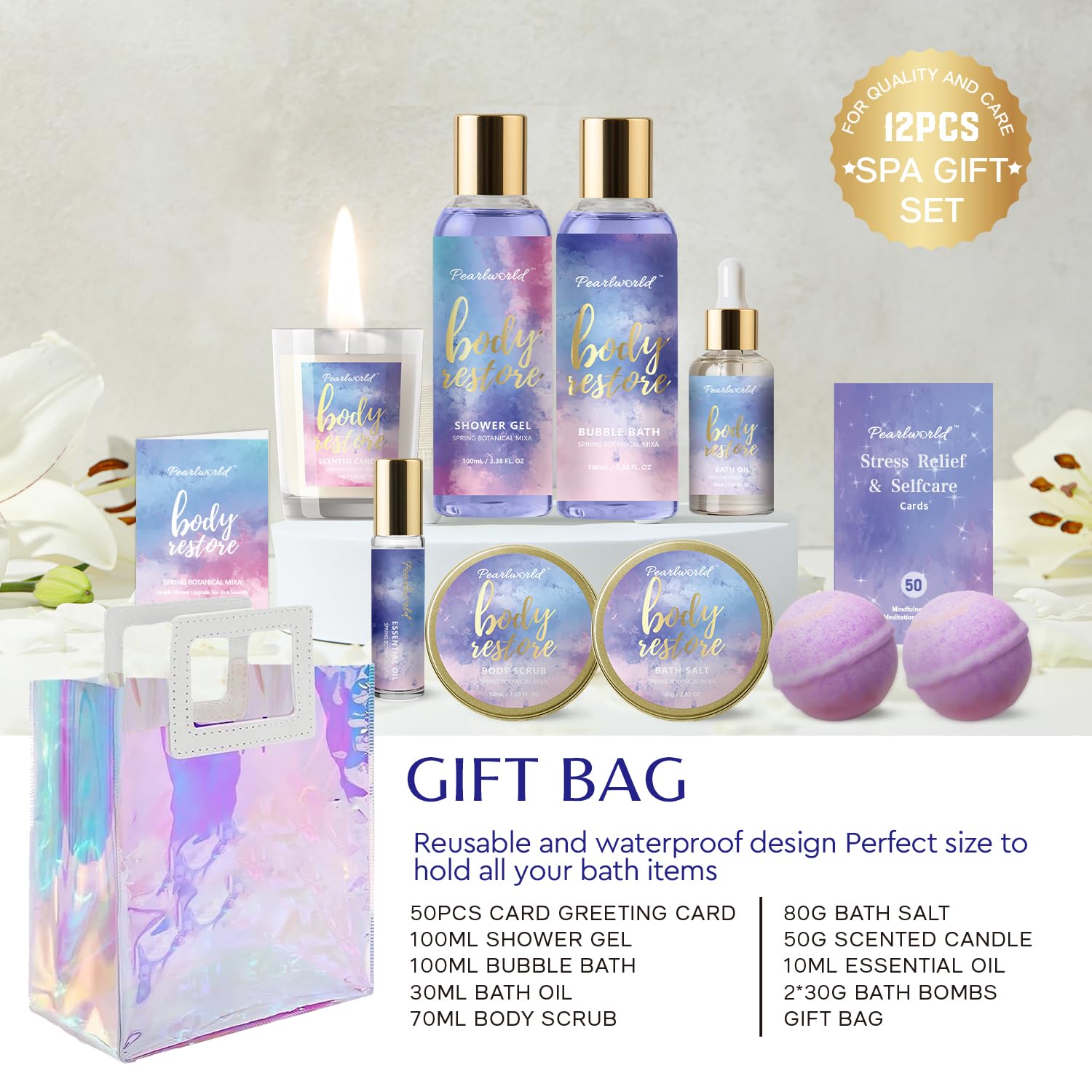 PearlWorld spa kit bath bombs on a tray inviting calm bath ritual.