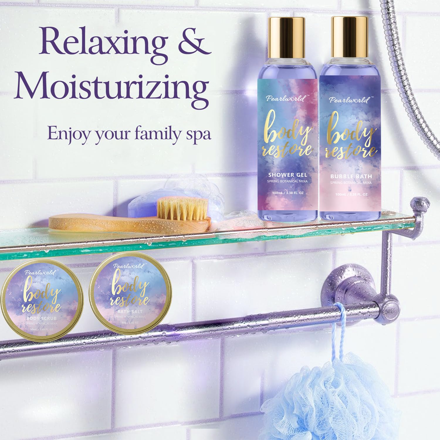 PearlWorld spa kit shower gel bottle smooth lather for daily cleanse.