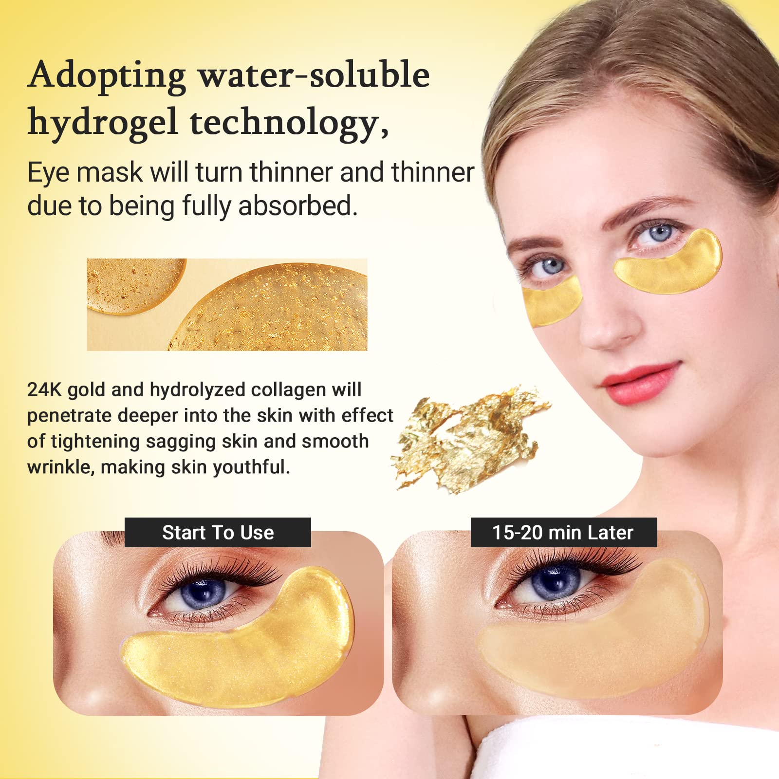 PEAUAMIE eye patch on under-eye area emphasizes hydration from hyaluronic acid.
