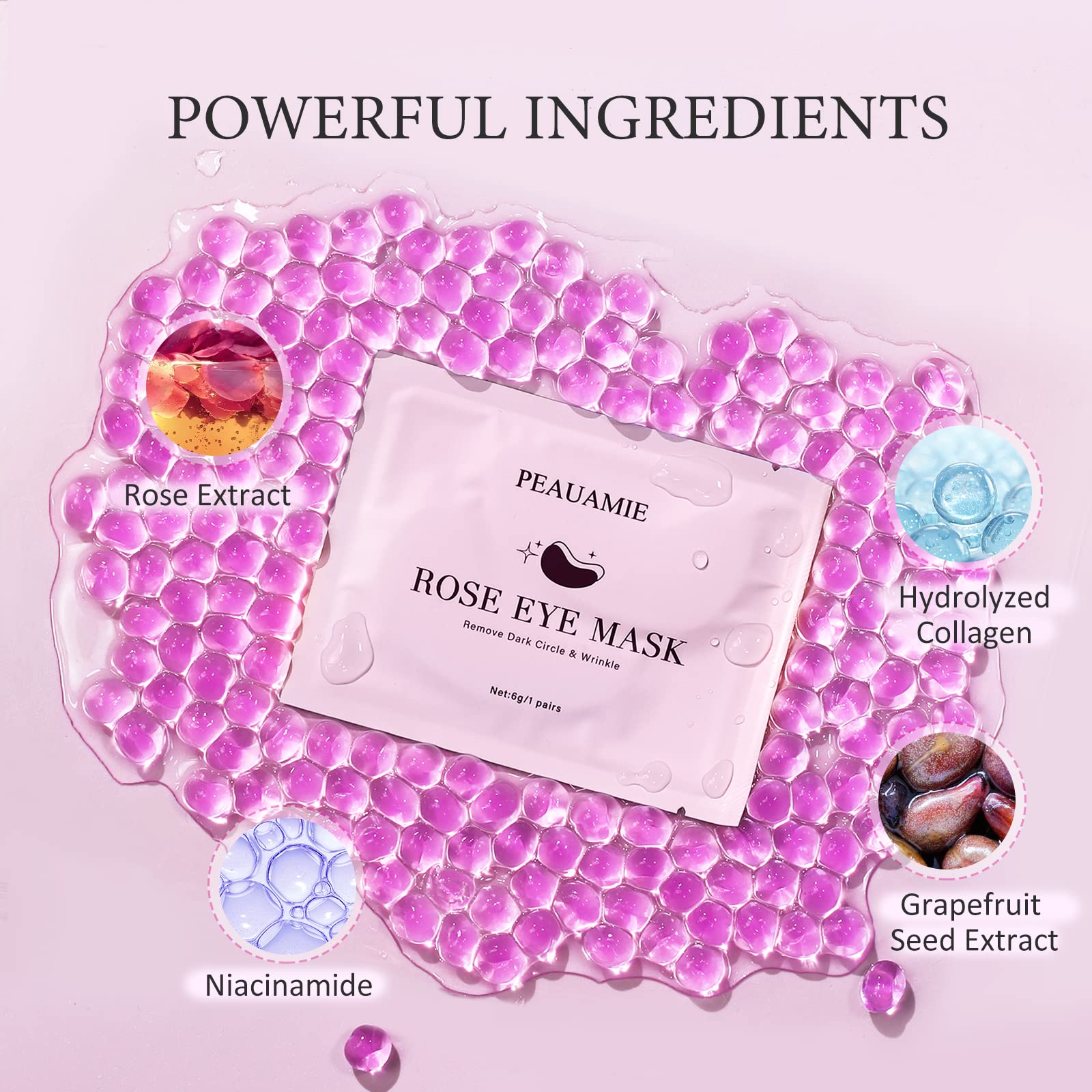 Peauamie rose-eye-patch ingredients highlight collagen and aloe for natural nourishment.