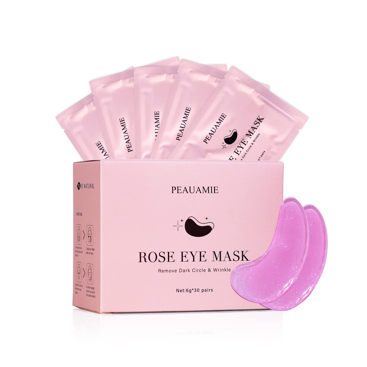 Peauamie rose eye patch packaging highlights hygienic individual sachets for clean use.