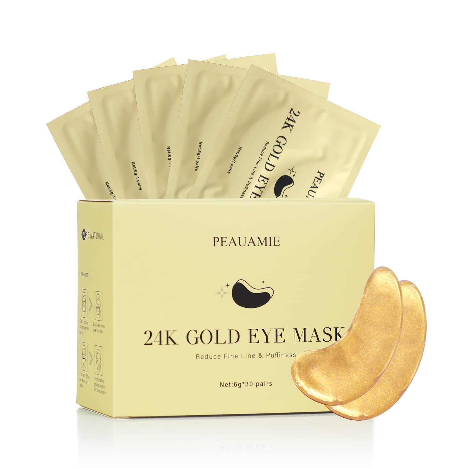 PEAUAMIE under-eye patches 24k gold close-up showing luxurious eye care for refreshed eyes.