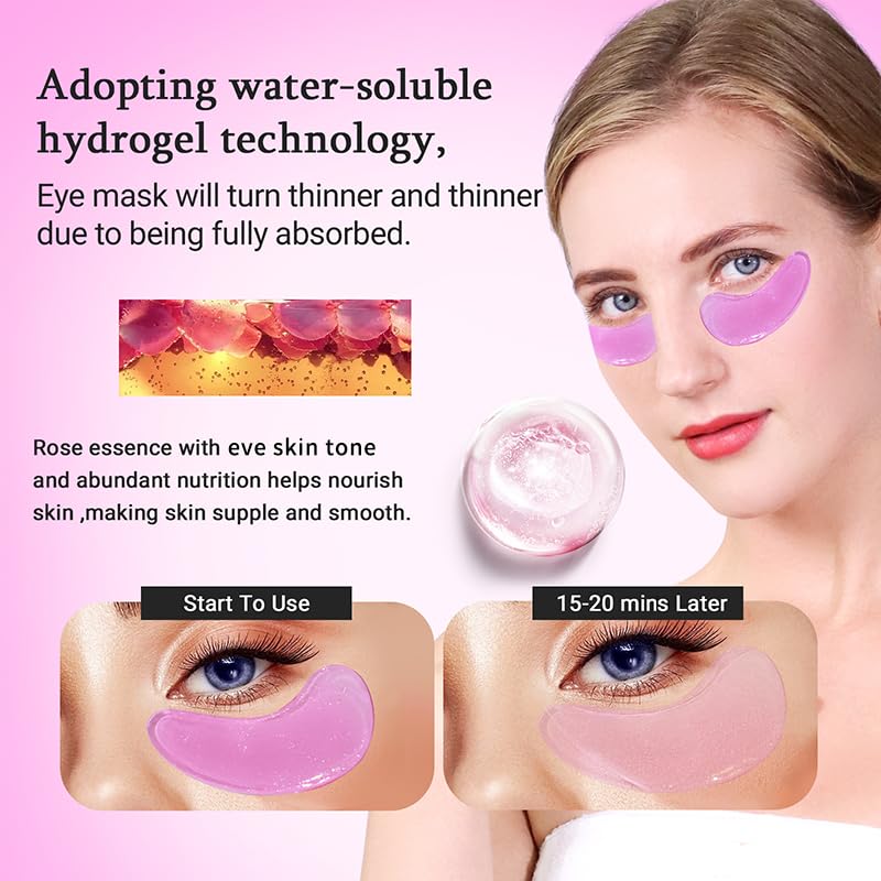 Peauamie under-eye patch rose application shows soothing hydration for tired eyes.