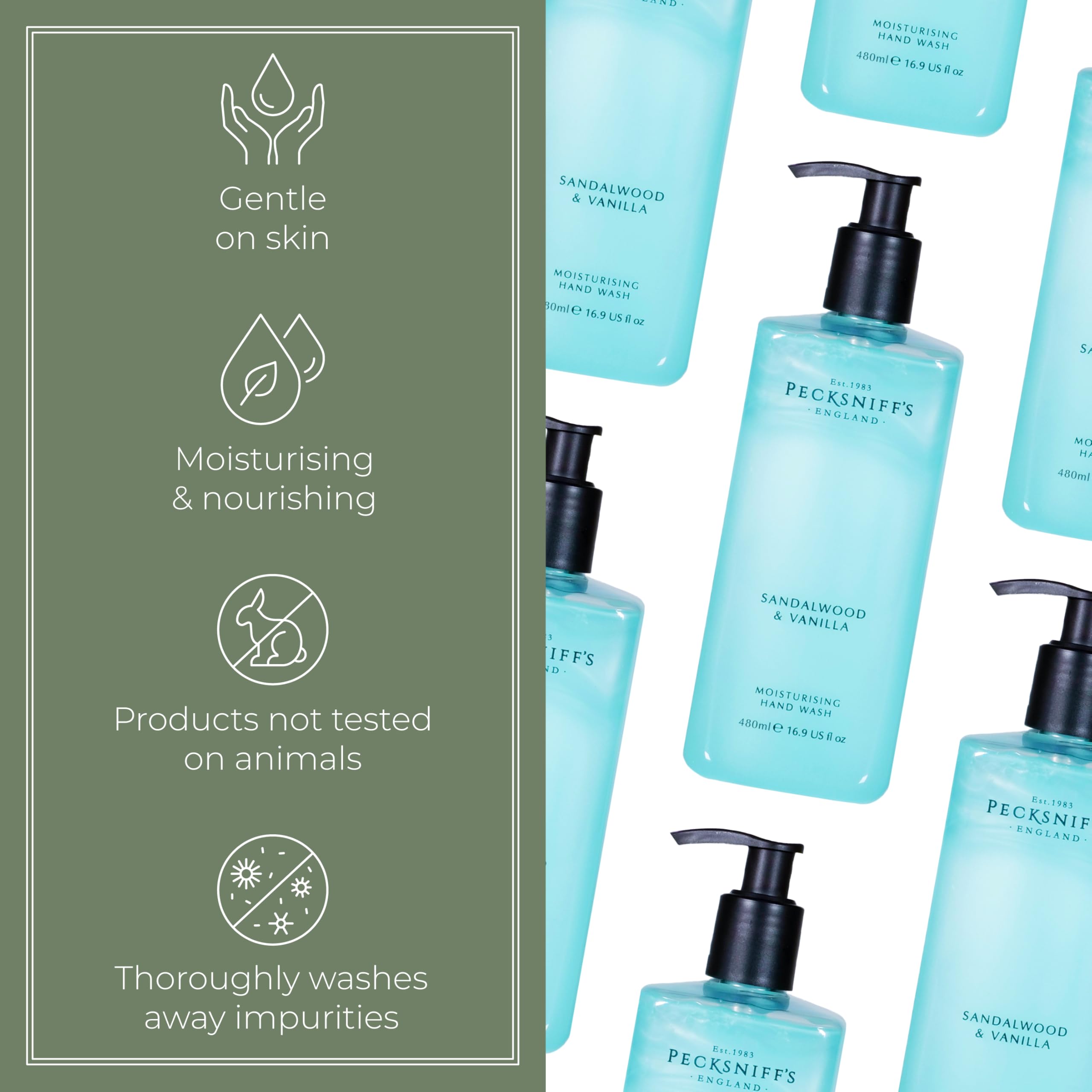 Pecksniff's Hand Wash on bathroom shelf with towels evokes luxury and calm.