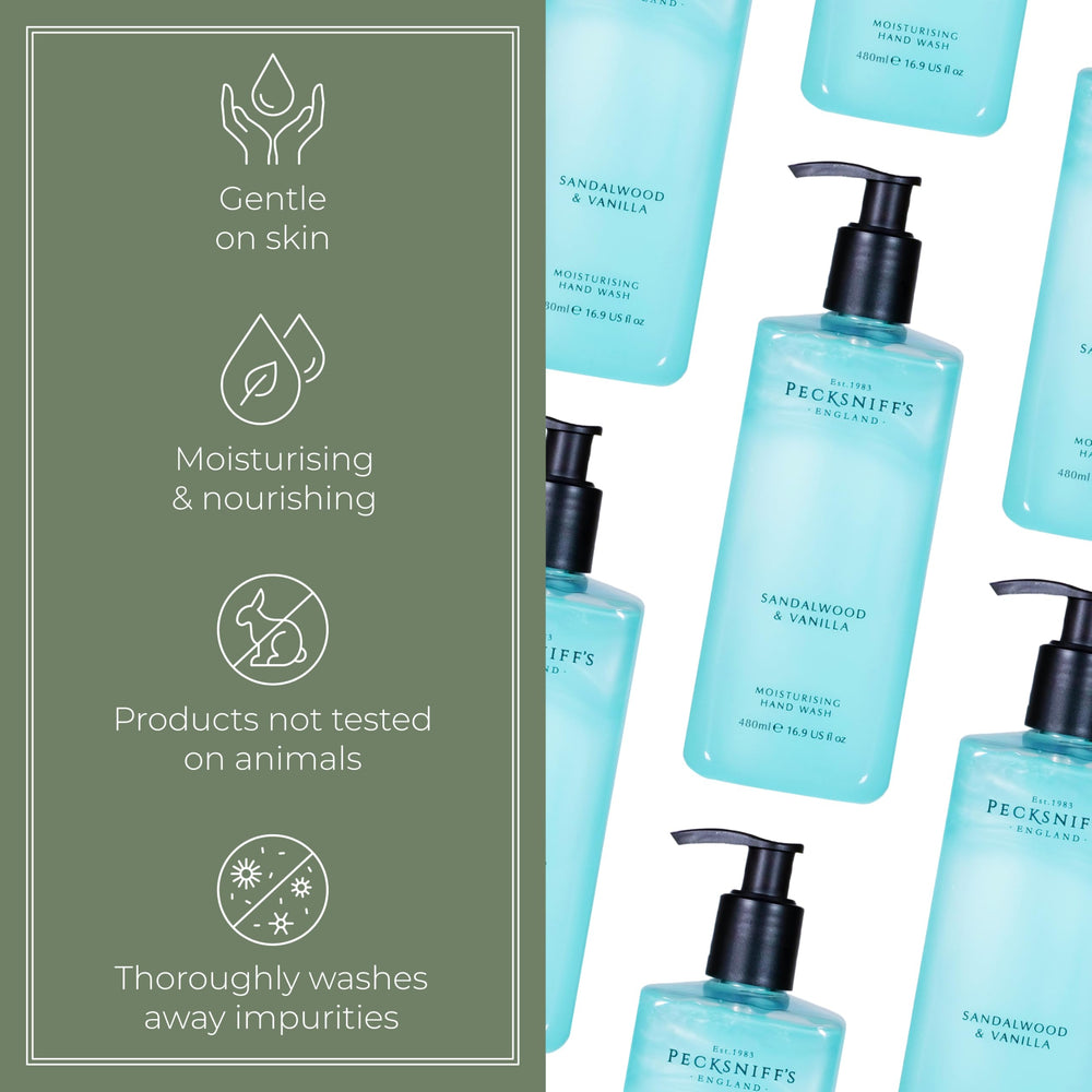 Pecksniff's Hand Wash on bathroom shelf with towels evokes luxury and calm.