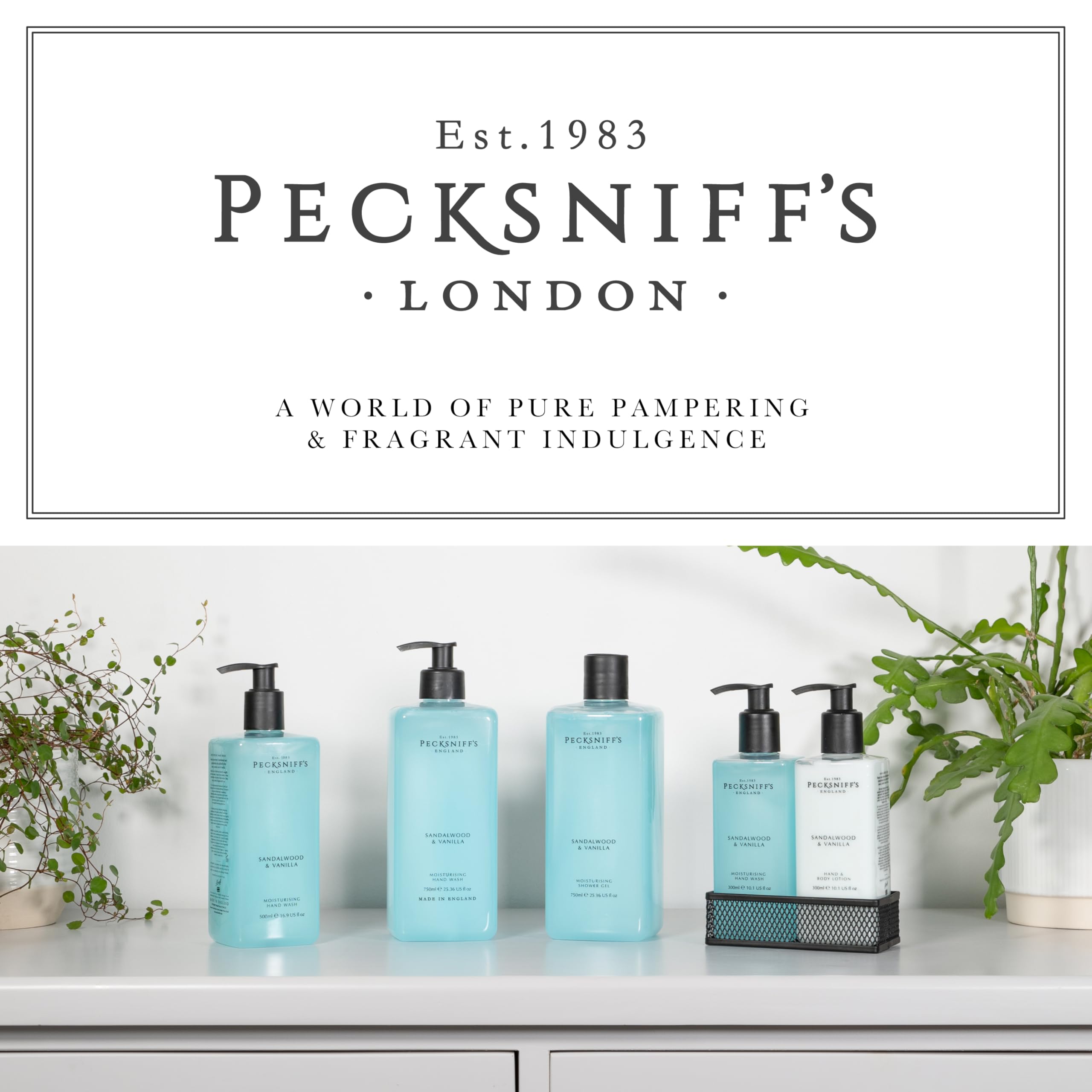 Pecksniff's Hand Wash on vanity display complements décor with refined aesthetics.