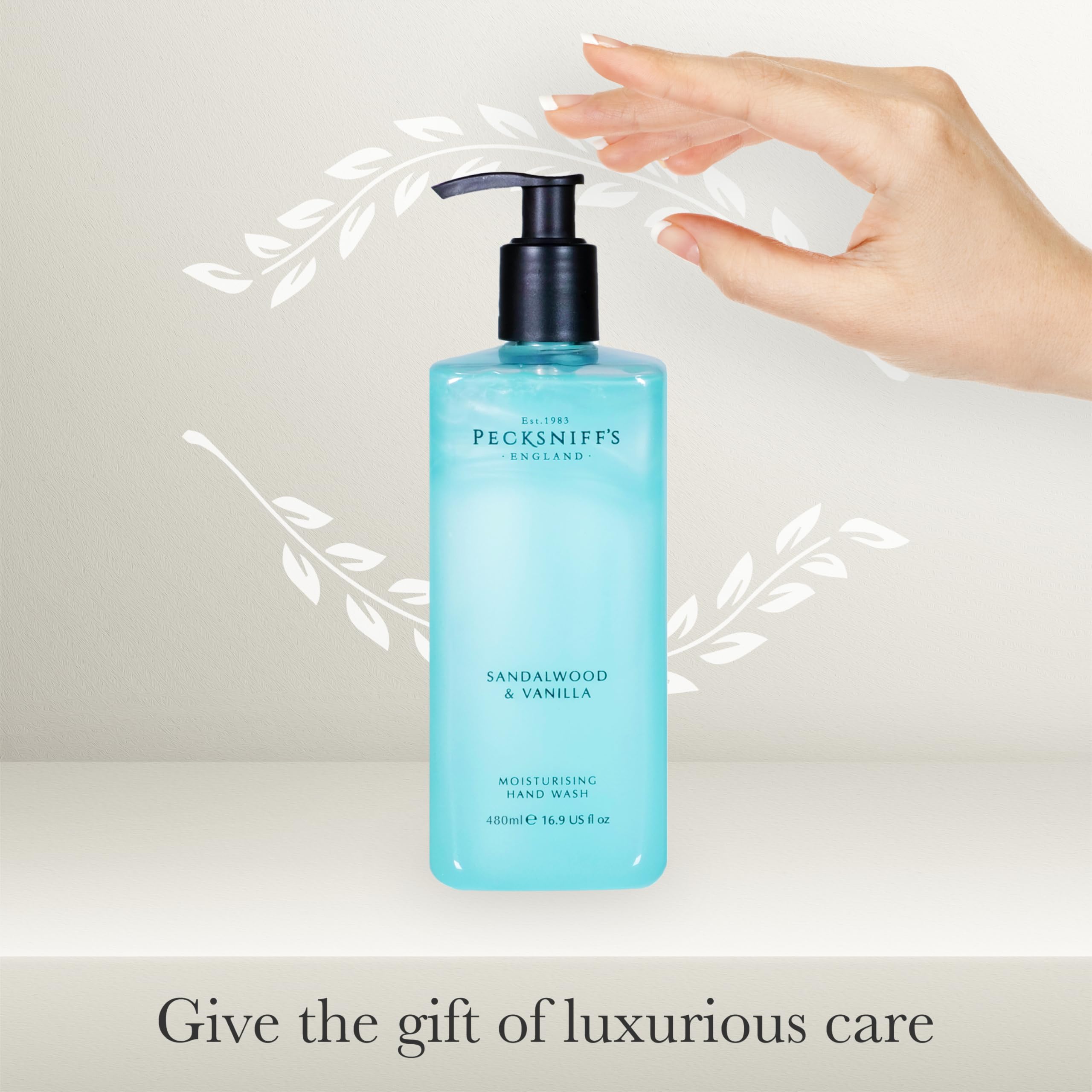 Pecksniff's Hand Wash bottle on vanity top shows generous 480 ml size.