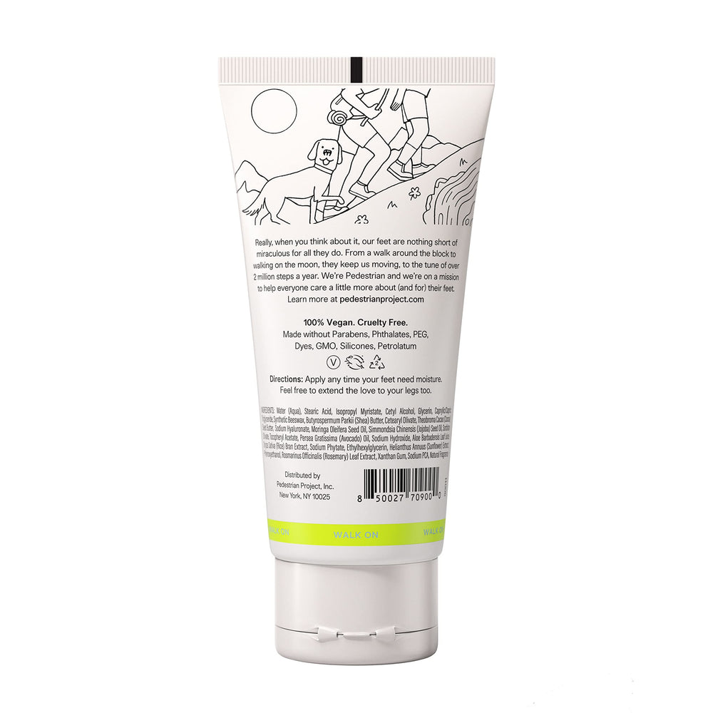 Pedestrian Project Walker’s Foot Cream application on dry feet to hydrate and soften skin