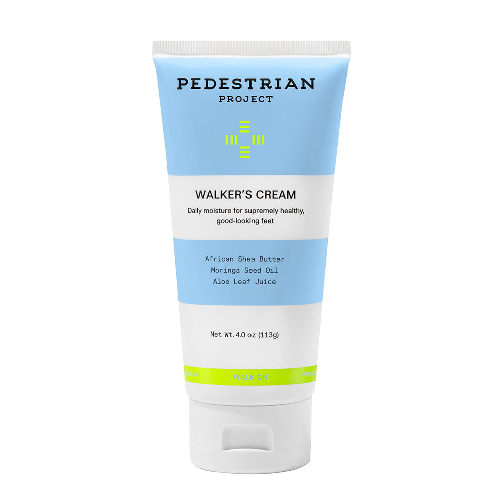 Pedestrian Project Walker’s Foot Cream bottle close-up highlighting rich moisturizing texture for dry feet