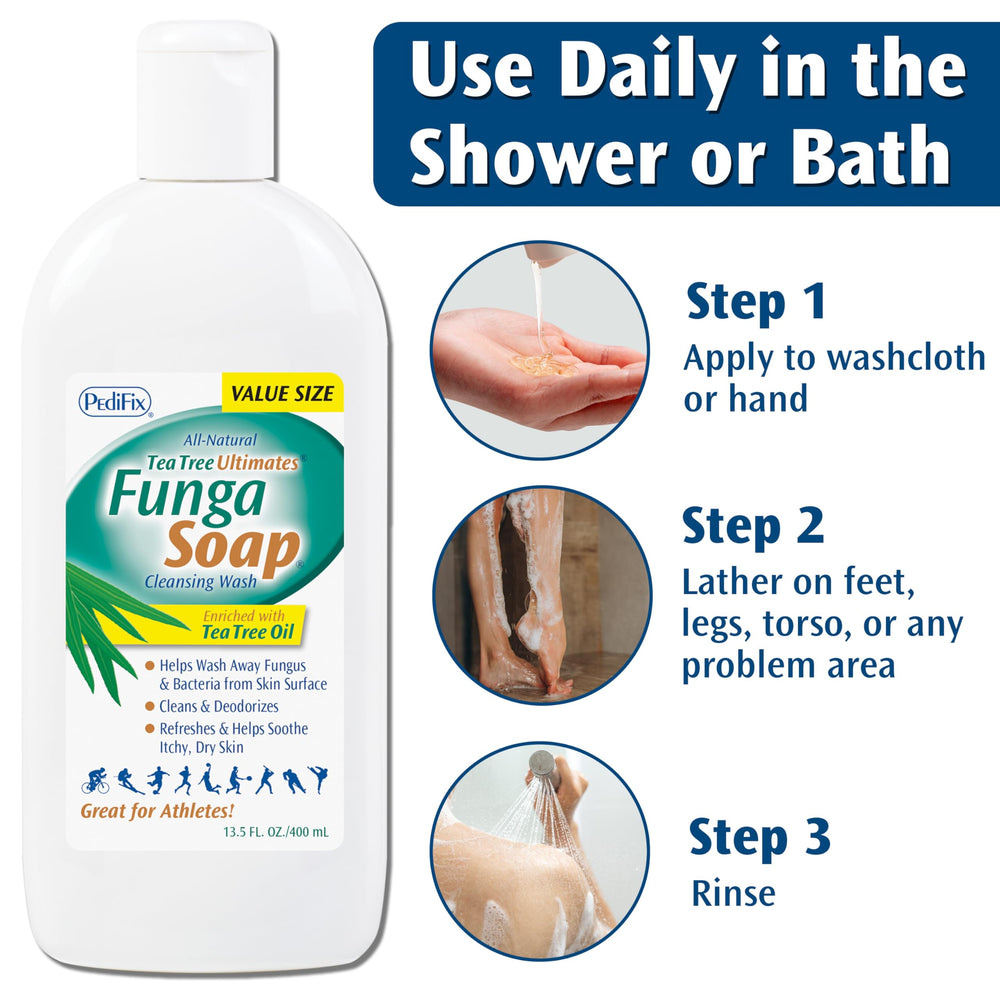 Pedifix FungaSoap odor-control with tea tree and plant-based ingredients.